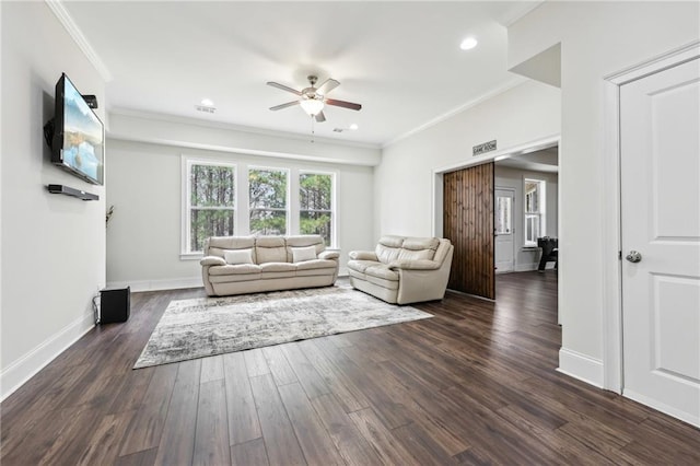 unfurnished living room featuring ornamental molding, dark hardwood / wood-style floors, and ceiling fan