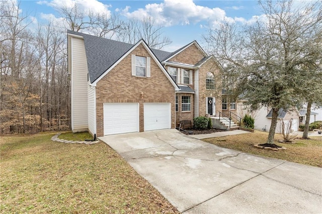 traditional-style home featuring a garage, brick siding, concrete driveway, roof with shingles, and a front lawn