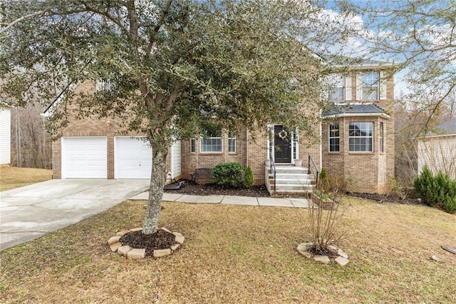 obstructed view of property with a front lawn, brick siding, driveway, and an attached garage