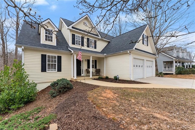 view of front of property featuring a porch, concrete driveway, roof with shingles, and a garage