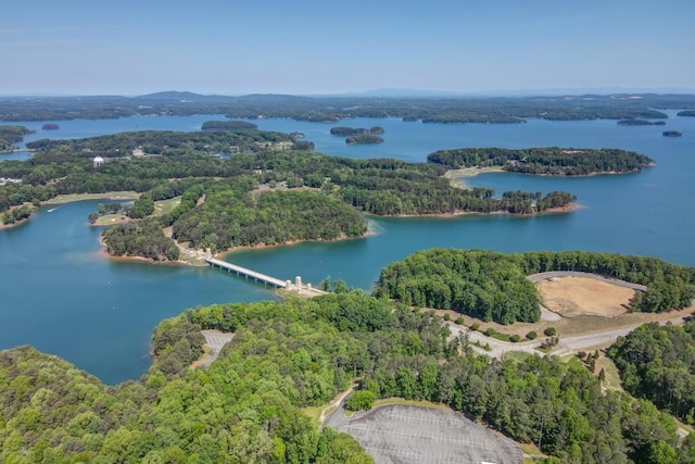 bird's eye view featuring a wooded view and a water view