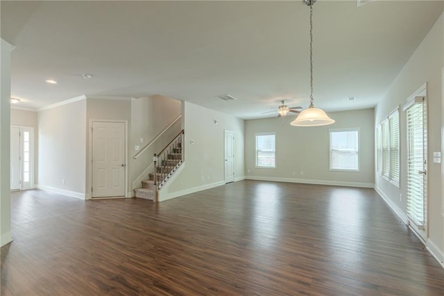 392 Dublin Way, Dallas, GA 30132 - unfurnished living room with baseboards, stairway, and dark wood finished floors