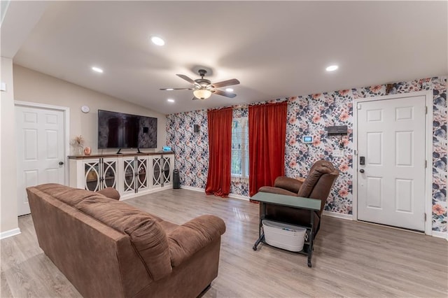 67 Gatewood Rd, Ellijay, GA 30540 - living area with wallpapered walls, baseboards, light wood-style floors, a ceiling fan, and recessed lighting