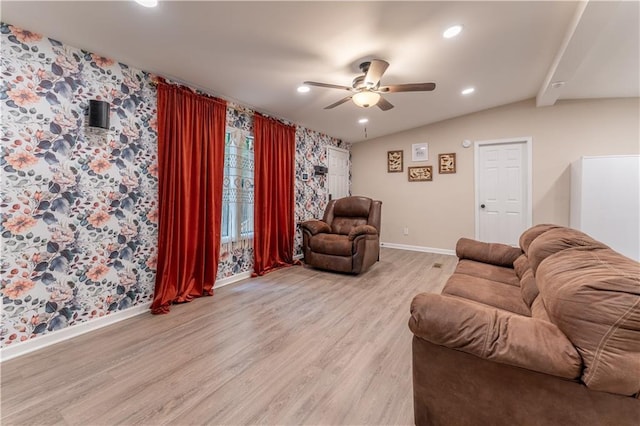 67 Gatewood Rd, Ellijay, GA 30540 - living room featuring baseboards, light wood-style flooring, ceiling fan, recessed lighting, and wallpapered walls