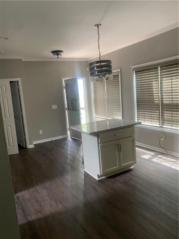 kitchen with a wealth of natural light, dark hardwood / wood-style floors, and hanging light fixtures