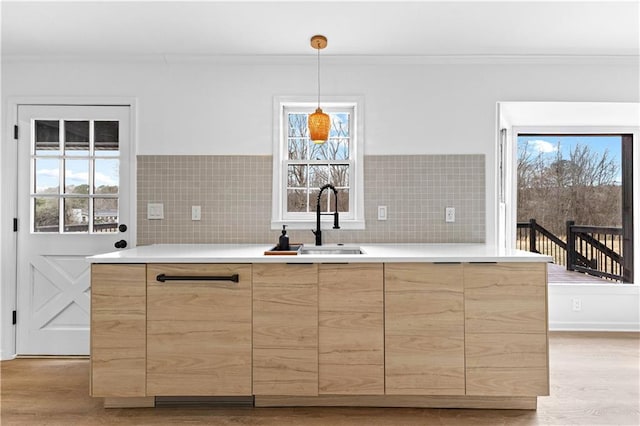 kitchen featuring light brown cabinetry, modern cabinets, a sink, and crown molding