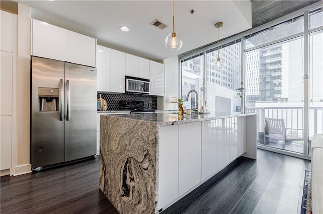 kitchen with appliances with stainless steel finishes, a wealth of natural light, dark wood-style flooring, and visible vents