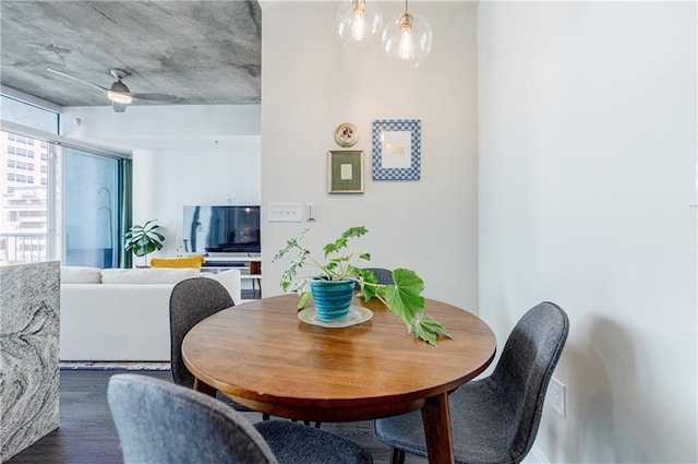 dining area featuring wood finished floors and a ceiling fan