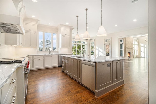 kitchen featuring premium range hood, sink, appliances with stainless steel finishes, a kitchen island, and white cabinetry