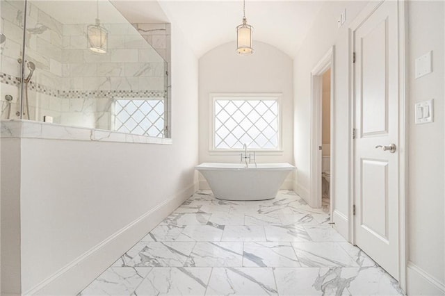 bathroom with separate shower and tub, toilet, and lofted ceiling