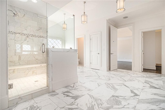 bathroom featuring toilet, an enclosed shower, and ornamental molding