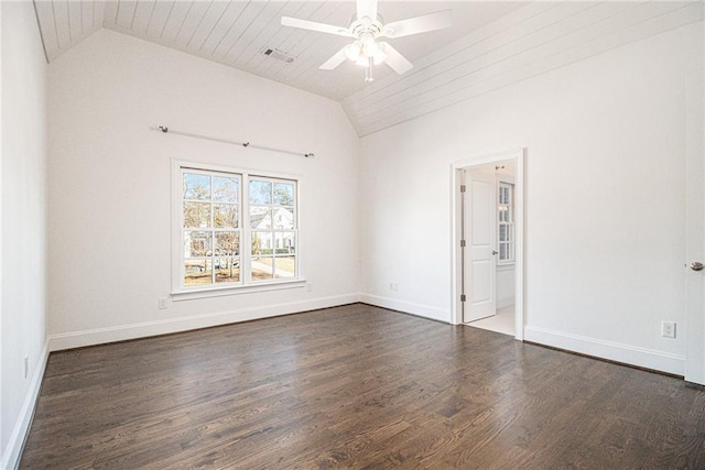 spare room with ceiling fan, lofted ceiling, dark wood-type flooring, and wooden ceiling