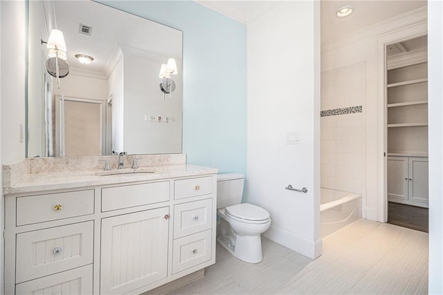 full bathroom with separate shower and tub, vanity, ornamental molding, and toilet