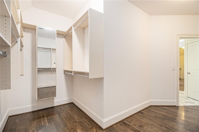 walk in closet with dark hardwood / wood-style flooring