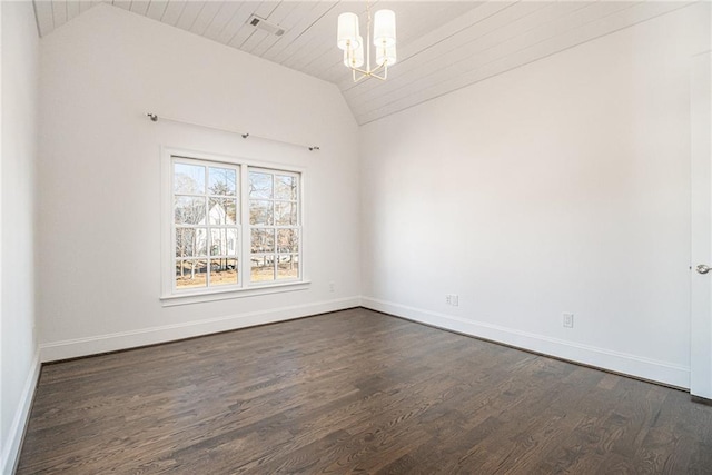 unfurnished room with vaulted ceiling, wooden ceiling, dark wood-type flooring, and a chandelier