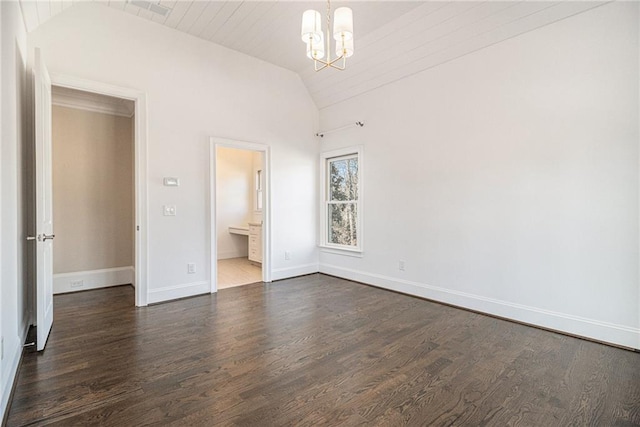 unfurnished bedroom with ensuite bathroom, vaulted ceiling, wooden ceiling, a notable chandelier, and dark hardwood / wood-style floors