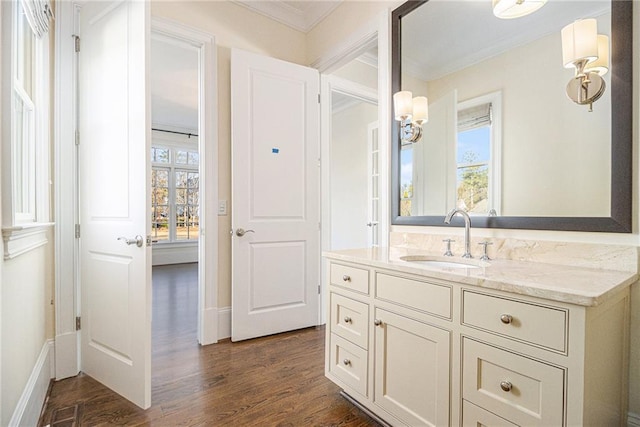 bathroom featuring vanity, ornamental molding, and hardwood / wood-style flooring