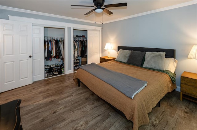 bedroom with crown molding, a ceiling fan, multiple closets, and wood finished floors
