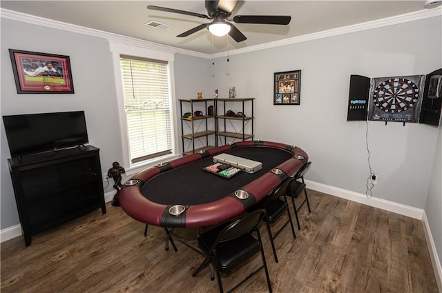 rec room featuring visible vents, a ceiling fan, baseboards, and wood finished floors