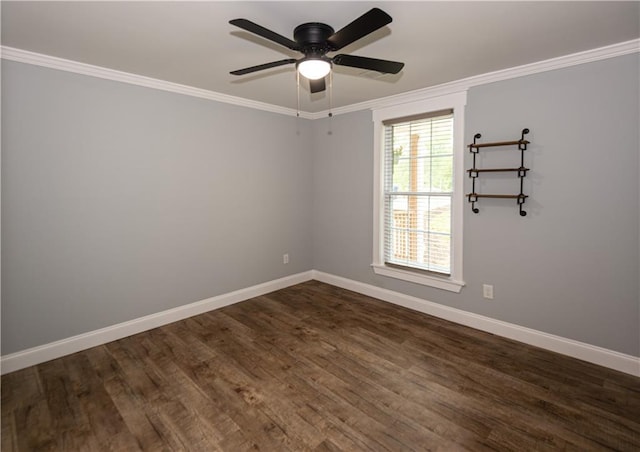 unfurnished room with baseboards, ornamental molding, a ceiling fan, and dark wood-type flooring