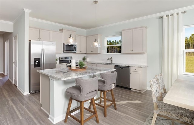 kitchen with a sink, light wood-style flooring, ornamental molding, and stainless steel appliances