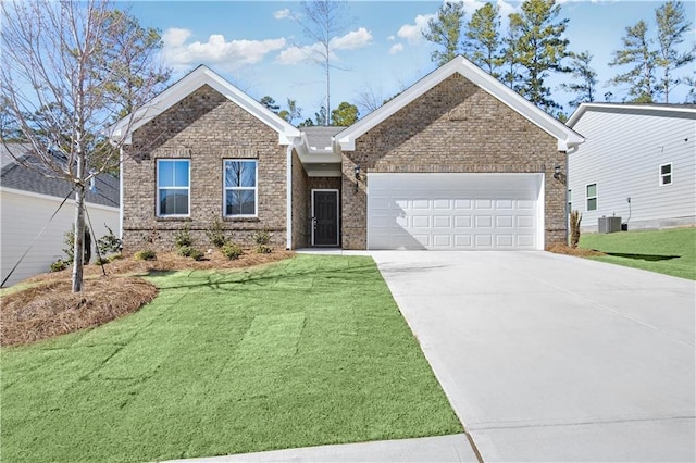 view of front facade featuring a front lawn, brick siding, concrete driveway, an attached garage, and central air condition unit