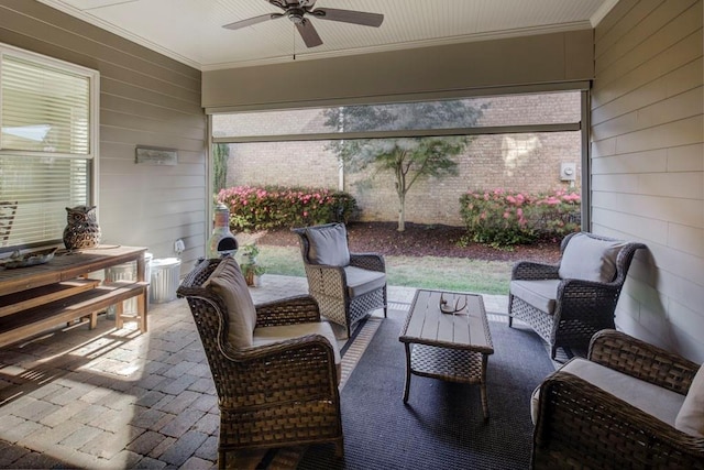 view of patio / terrace featuring ceiling fan and an outdoor hangout area