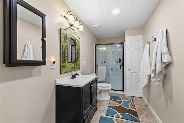 full bathroom with vanity, tile patterned flooring, toilet, baseboards, and a stall shower