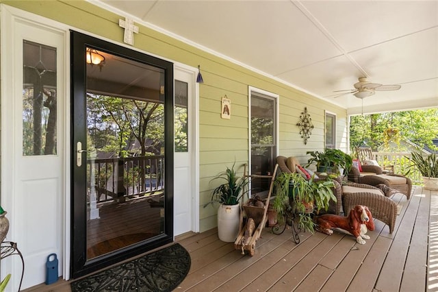 exterior space featuring ceiling fan and covered porch