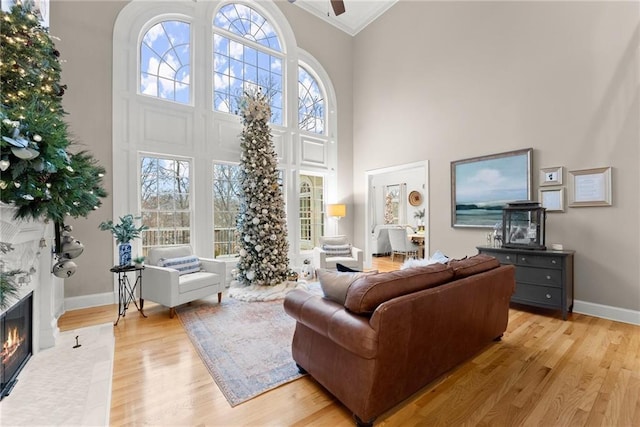 living room with a wealth of natural light, light hardwood / wood-style flooring, and a high ceiling