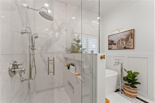 bathroom with crown molding and plus walk in shower