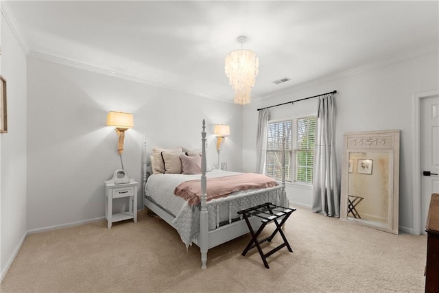 carpeted bedroom with an inviting chandelier and ornamental molding