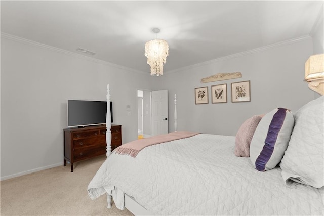 carpeted bedroom with crown molding and an inviting chandelier