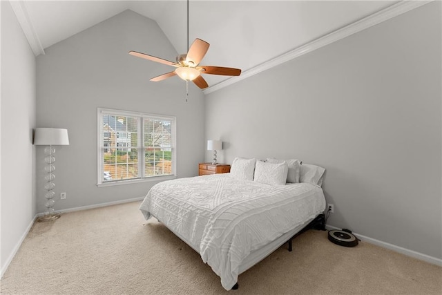 carpeted bedroom featuring high vaulted ceiling, ceiling fan, and ornamental molding