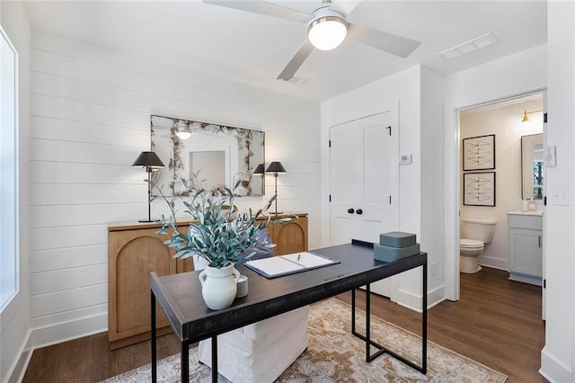 1427 Hazy Way Unit 310, Atlanta, GA 30315 - home office with wood finished floors, ceiling fan, baseboards, and wood walls