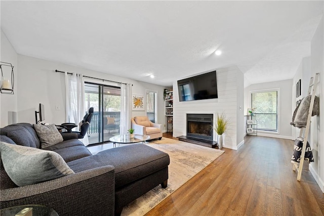 living room with a large fireplace, a healthy amount of sunlight, and wood-type flooring