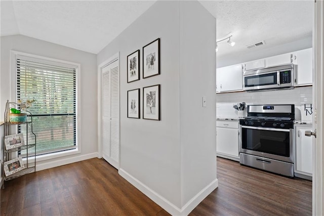 kitchen featuring tasteful backsplash, white cabinetry, dark wood-type flooring, and stainless steel appliances