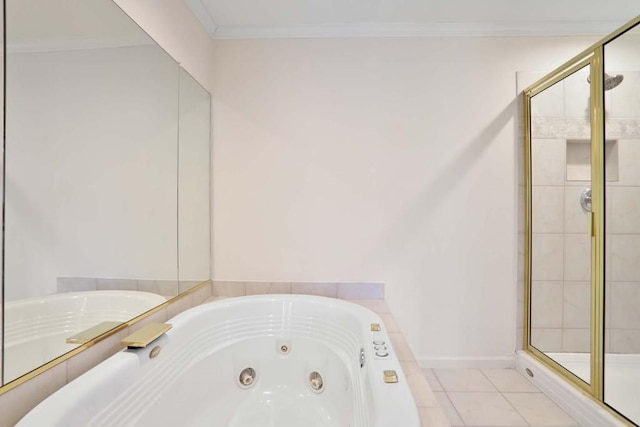 bathroom featuring separate shower and tub, ornamental molding, and tile patterned floors