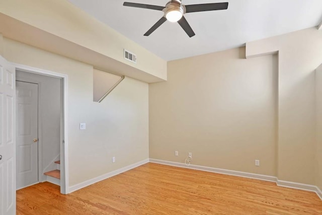 empty room with ceiling fan and light wood-type flooring