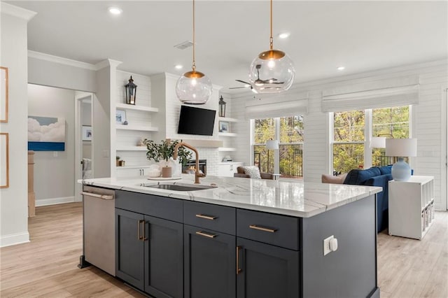 228 Idylwilde Way, Canton, GA 30115 - kitchen featuring a sink, open floor plan, stainless steel dishwasher, and light wood finished floors