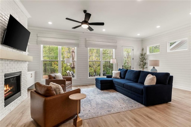 228 Idylwilde Way, Canton, GA 30115 - living area featuring a fireplace, light wood finished floors, ornamental molding, and ceiling fan
