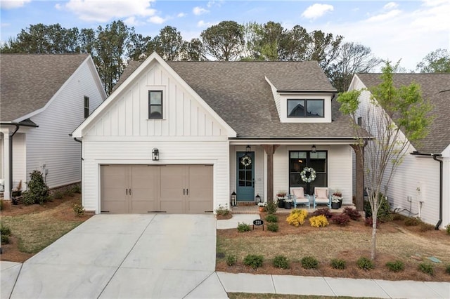228 Idylwilde Way, Canton, GA 30115 - modern farmhouse with a porch, an attached garage, board and batten siding, concrete driveway, and roof with shingles