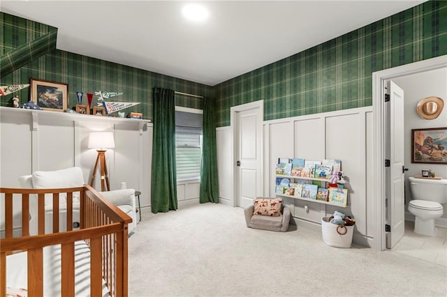 228 Idylwilde Way, Canton, GA 30115 - bedroom with a decorative wall, wainscoting, wallpapered walls, and carpet floors