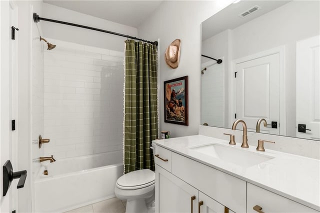 228 Idylwilde Way, Canton, GA 30115 - bathroom featuring shower / bathtub combination with curtain, vanity, tile patterned flooring, visible vents, and toilet