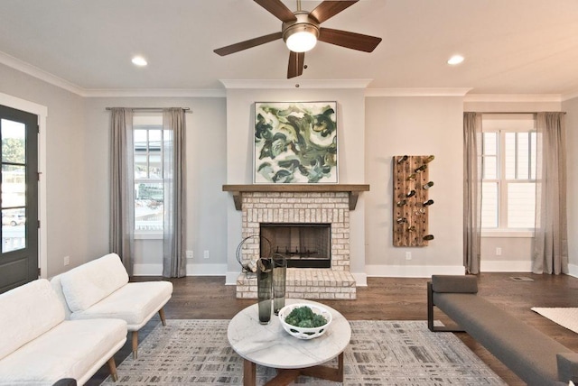 living room featuring ceiling fan, dark hardwood / wood-style flooring, crown molding, and a fireplace