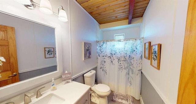 bathroom with a shower with shower curtain, toilet, wooden ceiling, vanity, and beam ceiling