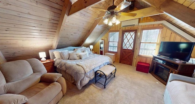 bedroom with wooden walls, a wall unit AC, wooden ceiling, vaulted ceiling with beams, and carpet flooring