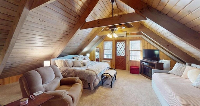 bedroom featuring wood ceiling, vaulted ceiling with beams, and wooden walls