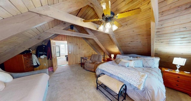 carpeted bedroom with lofted ceiling with beams, ceiling fan, wood ceiling, and wooden walls