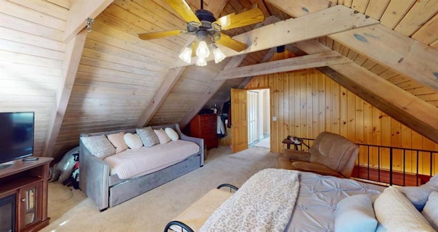 bedroom with vaulted ceiling with beams, wood walls, carpet, and wooden ceiling